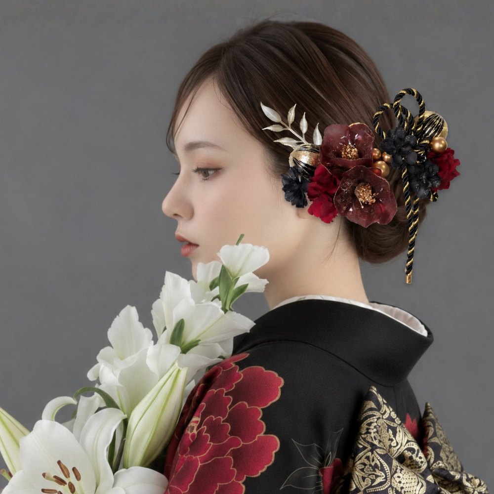 深紅の椿×黒金紐アレンジ No.BR90の髪飾り