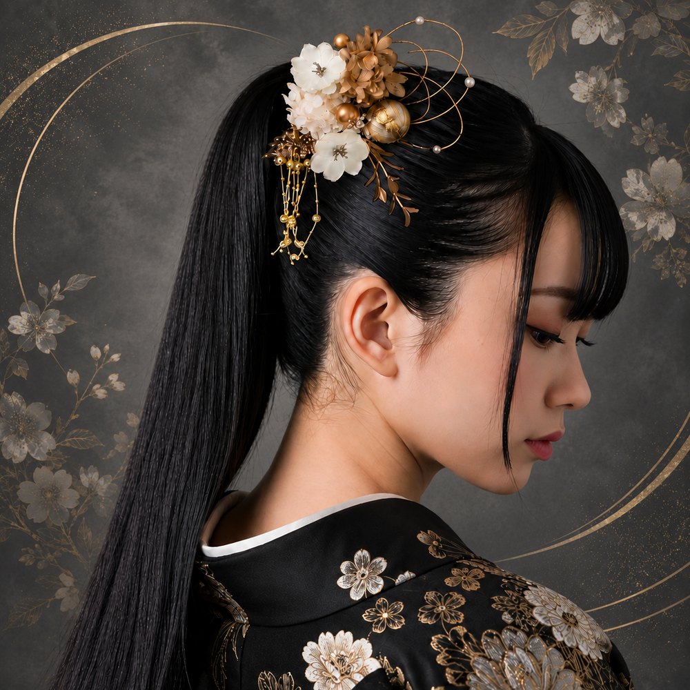 白×金×枝垂れパール No.GW70の髪飾り