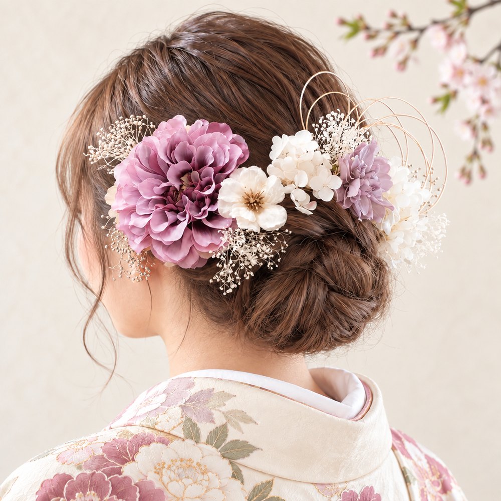 ライラックカラーのダリアと林檎の花の髪かざり No.P55の髪飾り