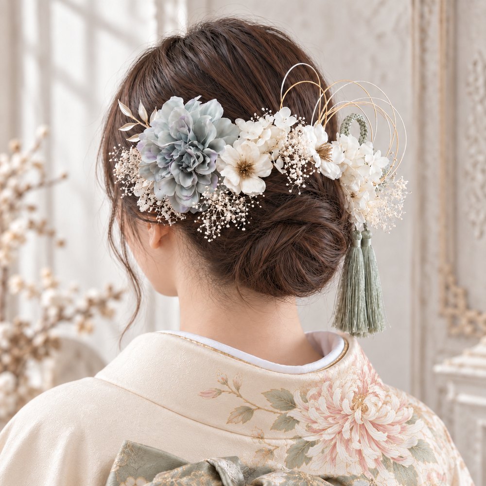 青磁色のダリア×白い林檎の花 No.MO10の髪飾り