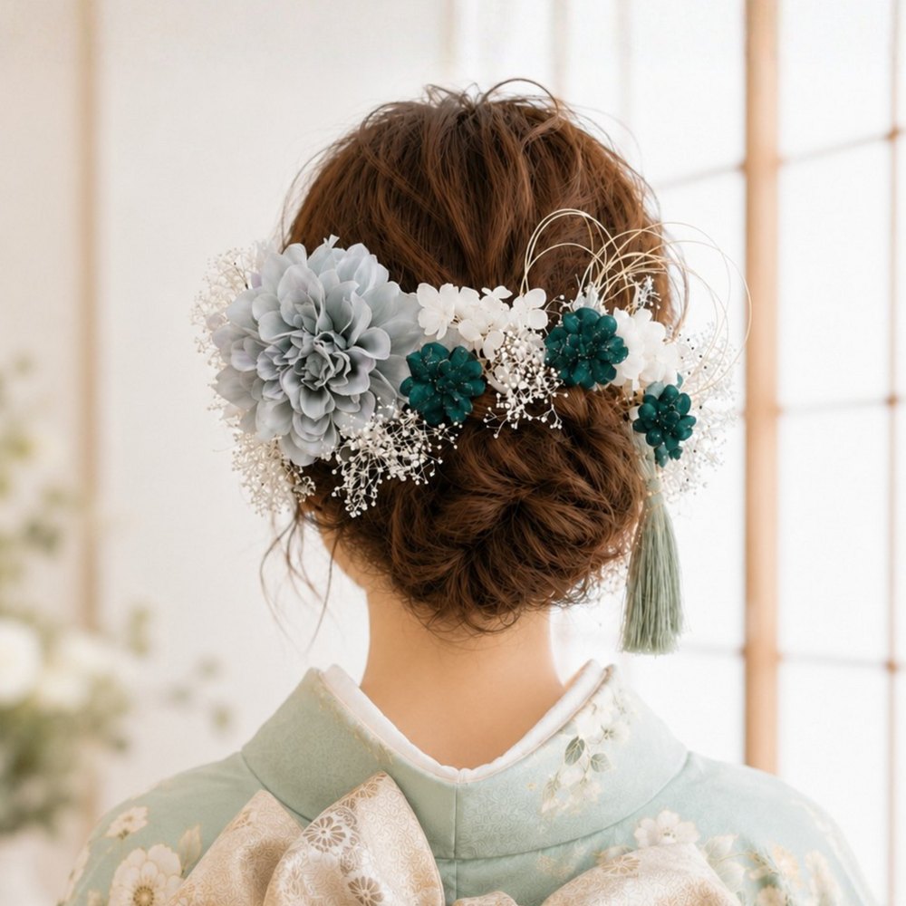 くすみブルーグリーンのダリアと紫陽花の髪かざり No.KG11の髪飾り