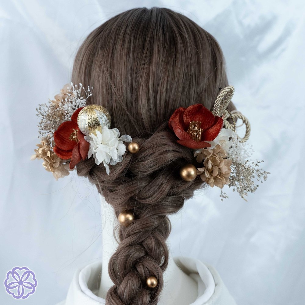 紅椿と紫陽花の髪かざりの髪飾り
