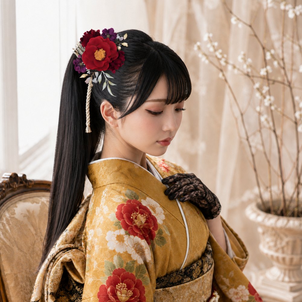 紅椿と林檎の花の髪飾り No.BT23の髪飾り