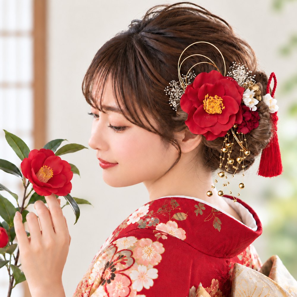 椿×枝垂れパール No.T70の髪飾り