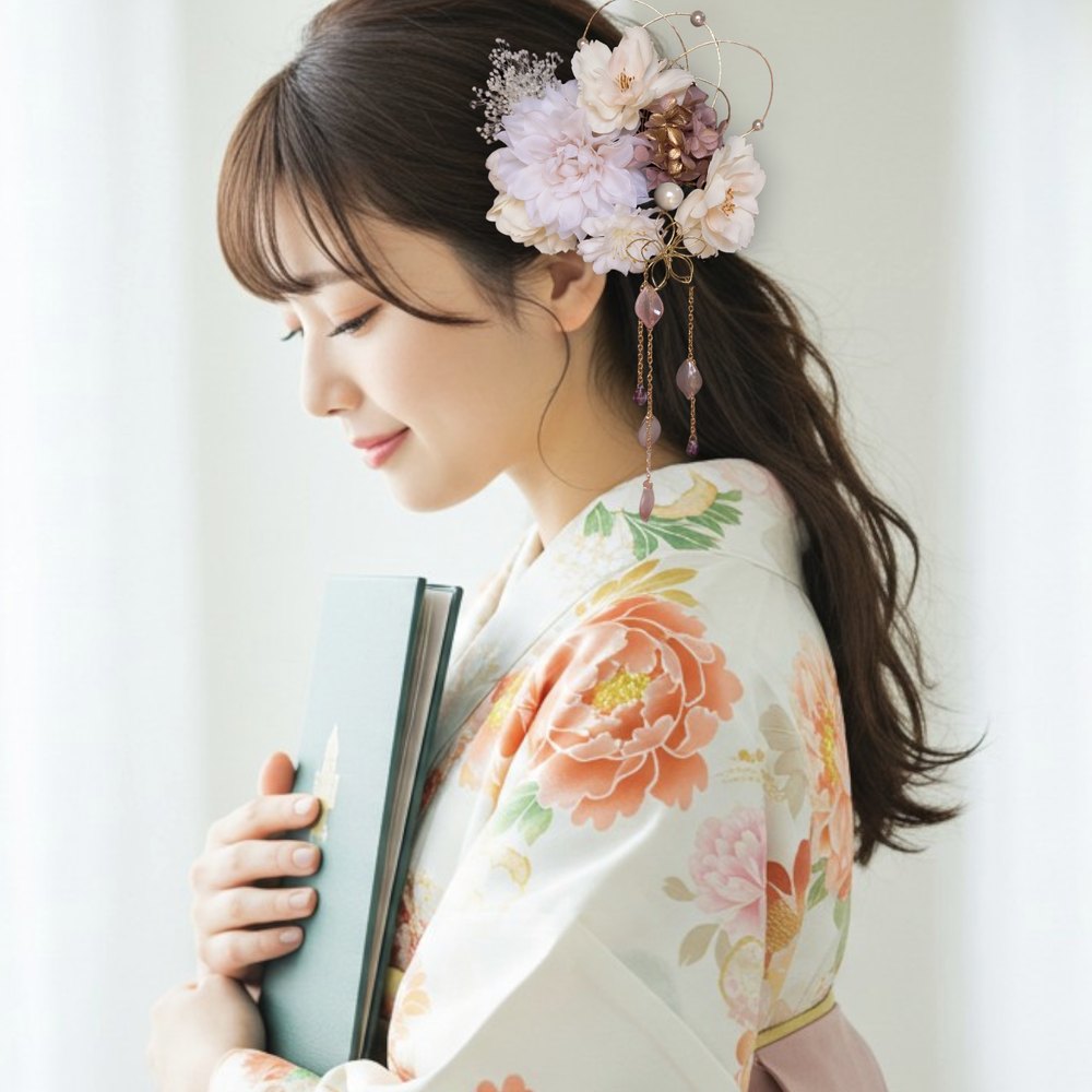 枝垂れ桜とホワイトパールの髪飾り No.KP71の髪飾り