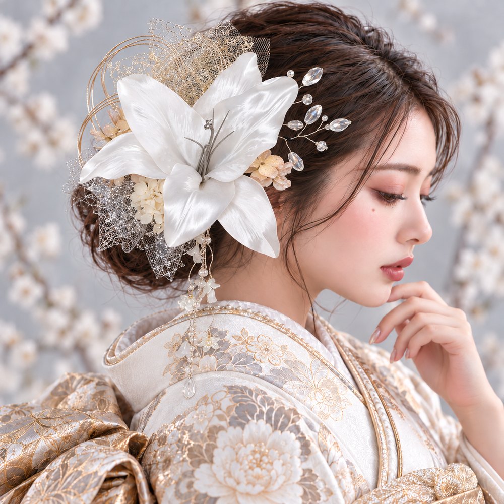 白銀のユリと揺れる花かんざし No.YW19の髪飾り