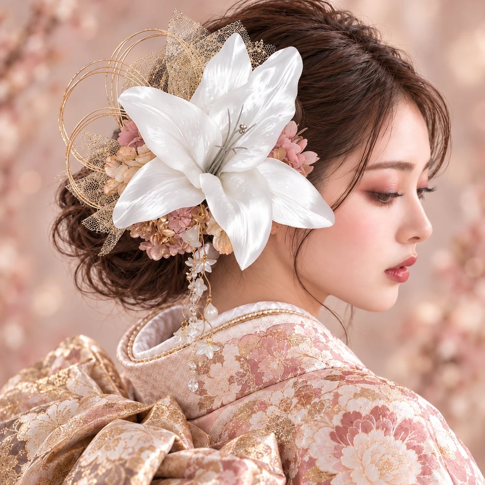 白銀のユリと桜色の花雫 No.RG71の髪飾り