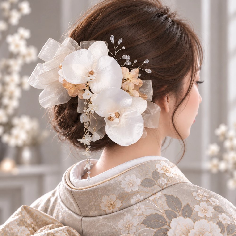 白胡蝶蘭と揺れる花雫 No.OC27の髪飾り
