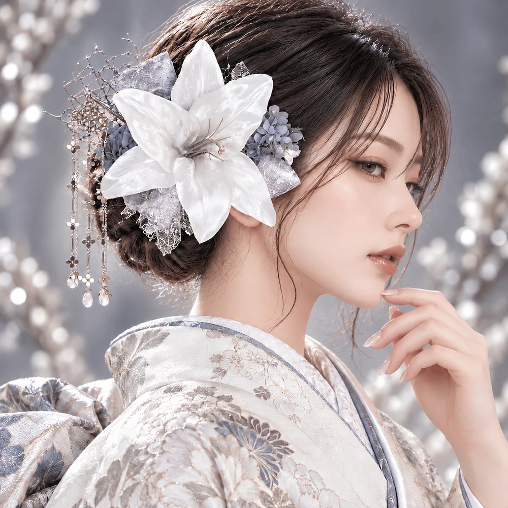 白百合とシャンパンブルーの花かんざし No.WC38の髪飾り